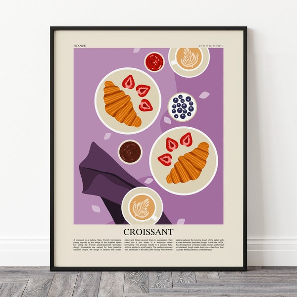 Croissant Art Print, French Pastry Poster, Food Print, Bread Art, Food Art, Modern Kitchen Wall Decor, Chef Print, Restaurant Poster