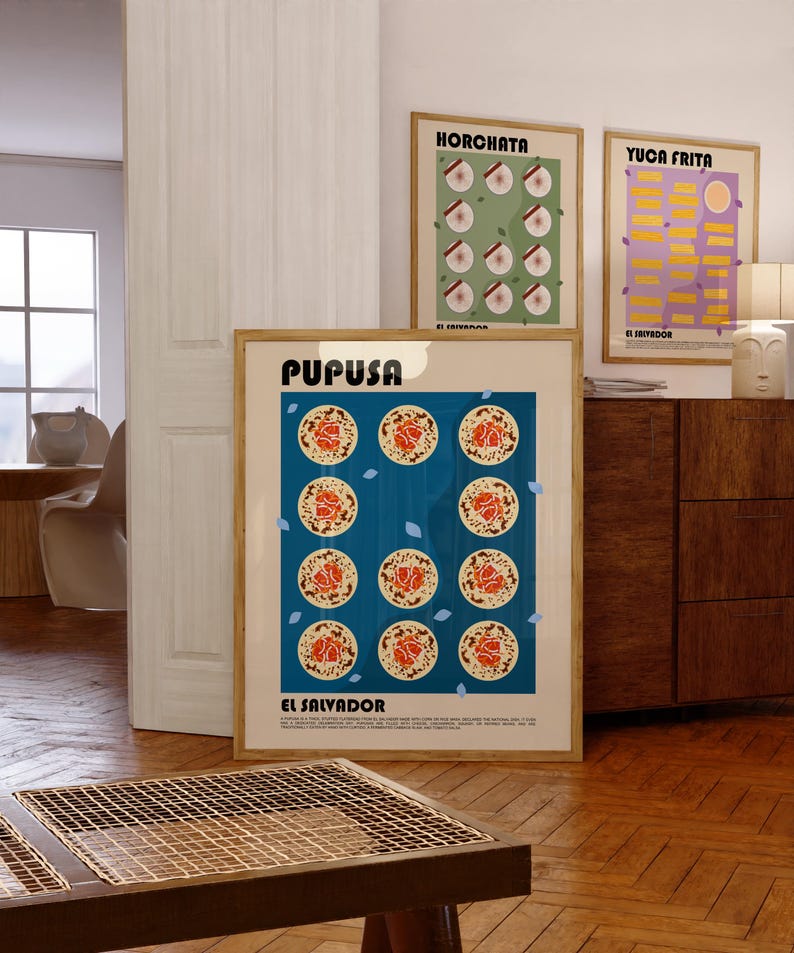 Poster di arte culinaria Pupusa, arte culinaria salvadoregna, arredamento centroamericano, arte murale Pupuseria, stampa di cucina latinoamericana, arte murale da cucina immagine 4
