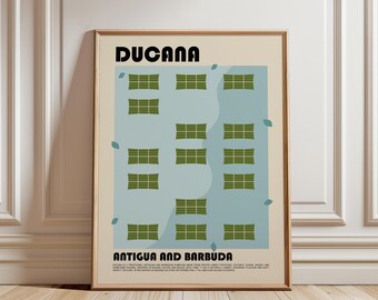 May include: A framed poster featuring the text DUCANA and ANTIGUA AND BARBUDA. The design displays a light blue background with a grid of green rectangular leaf-wrapped bundles and small scattered leaf icons, all set against a cream-colored backdrop.