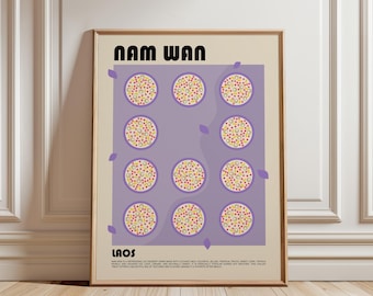May include: A framed poster with a beige background featuring the text NAM WAN at the top and LAOS at the bottom. The center displays a purple rectangle containing eleven circular illustrations of bowls filled with colorful dessert ingredients.