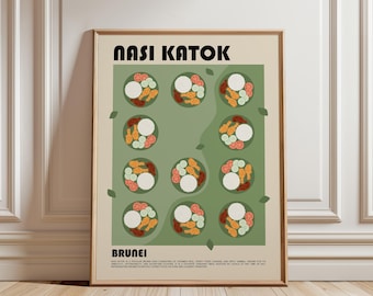 May include: A framed wall art print featuring the text NASI KATOK and BRUNEI. The design displays a grid of eleven illustrated plates of rice, fried chicken, and sliced cucumbers on a sage green background with small leaf accents and descriptive text.