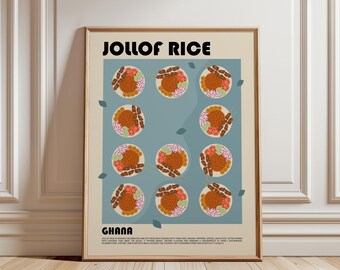 May include: A framed poster titled JOLLOF RICE GHANA featuring a light blue central panel with eleven circular illustrations of jollof rice dishes, each including rice, meat, and vegetables, arranged in a grid with small leaf accents.