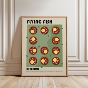 Puede incluir: Un póster enmarcado con una ilustración estilizada de un plato llamado Flying Fish. La obra de arte muestra una cuadrícula de alimentos circulares con acentos rojos, amarillos y oscuros sobre un fondo verde. Las palabras "FLYING FISH" y "BARBADOS" están impresas en el póster.