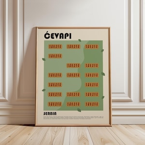 Peut inclure: Une affiche encadrée présentant le texte Ćevapi et Serbia avec une illustration graphique de saucisses de viande grillées disposées sur un fond vert sauge. Le design inclut de petites feuilles vertes et un texte descriptif en bas de l'impression.