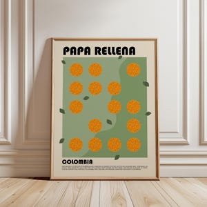 Peut inclure: Une affiche encadrée avec le texte "PAPA RELLENA" en noir. L'impression présente un fond vert clair avec des cercles orange et des formes de feuilles vertes. Le mot "COLOMBIA" est imprimé en noir en bas, une illustration culinaire.