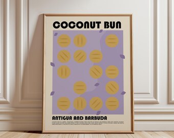 May include: A framed poster featuring the text COCONUT BUN at the top and ANTIGUA AND BARBUDA at the bottom. The center displays a light purple rectangle filled with a grid of golden-brown circular bun illustrations and small purple leaf icons.