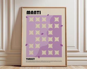 May include: A framed wall art print featuring the text MANTI and TURKEY with a graphic illustration of square dumplings on a purple background. The print includes a descriptive paragraph about the Turkish dish Manti at the bottom.