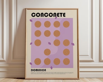 May include: A framed poster featuring the text CONCONETE and DOMINICA in black, bold font. The center displays a light purple rectangle with fifteen brown, textured circles arranged in a grid, accented by small purple leaf shapes.