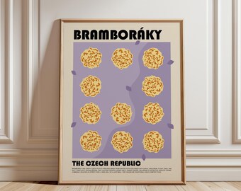 May include: A framed poster featuring the text BRAMBORÁKY and THE CZECH REPUBLIC. The design displays eleven golden-brown potato pancakes arranged on a light purple background, accented by small purple leaf shapes and descriptive text.