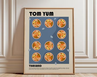 May include: A framed poster featuring the text TOM YUM and THAILAND with a grid of eleven illustrated bowls of orange soup containing shrimp and herbs on a blue background. The poster includes descriptive text about the soup at the bottom.