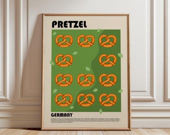 Pretzel Art Print, German Food Art, Germany Poster, Bread Poster, Bakery Food Art, Modern Kitchen Wall Decor, Colourful food art
