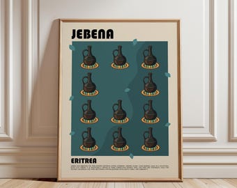May include: A framed wall art print featuring the text JEBENA and ERITREA. The design displays a grid of eleven black coffee pots, each resting on a small orange and green mat, set against a dark teal background with scattered teal leaves.