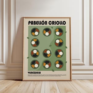 May include: A framed wall art print featuring the text PABELLON CRIOLLO and VENEZUELA. The design displays a grid of eleven circular illustrations of the Venezuelan dish, each containing white rice, black beans, and fried plantains on a green background.
