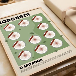 May include: A framed poster featuring the text HORCHATA and EL SALVADOR on a light background with a sage green central area. The design displays ten circular illustrations of horchata drinks, each topped with a cinnamon stick and spice.