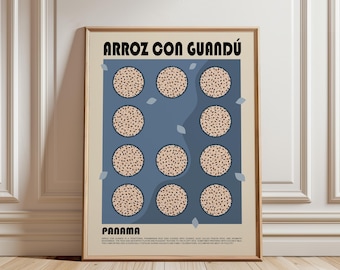 May include: A framed poster featuring the text ARROZ CON GUANDÚ and PANAMA. The design displays eleven circular illustrations of rice and beans arranged on a blue background with small light blue leaf shapes scattered throughout the composition.