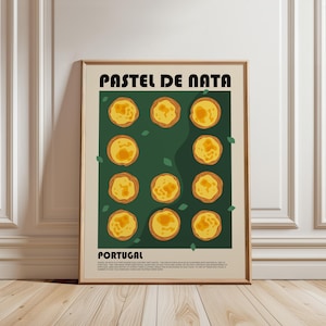 May include: A framed poster featuring the text "PASTEL DE NATA" and "PORTUGAL" with an illustration of eleven yellow custard tarts arranged on a dark green background, accented by small green leaves and descriptive text at the bottom.