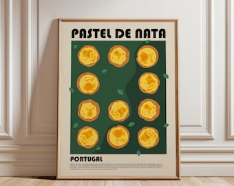 May include: A framed poster featuring the text "PASTEL DE NATA" and "PORTUGAL" with an illustration of eleven yellow custard tarts arranged on a dark green background, accented by small green leaves and descriptive text at the bottom.