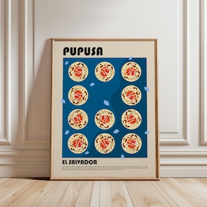 Poster di arte culinaria Pupusa, arte culinaria salvadoregna, arredamento centroamericano, arte murale Pupuseria, stampa di cucina latinoamericana, arte murale da cucina immagine 1
