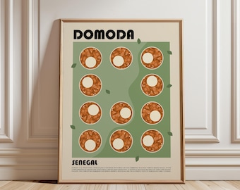 May include: A framed wall art print titled DOMODA SENEGAL featuring a grid of eleven circular illustrations of brown stew bowls with white rice portions on a sage green background, accented by small floating green leaves and descriptive text.