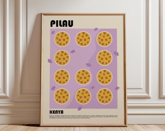 May include: A framed wall art print featuring the text PILAU and KENYA in black, bold font. The center displays eleven circular illustrations of golden-brown rice dishes on a light purple background with small purple leaf accents.