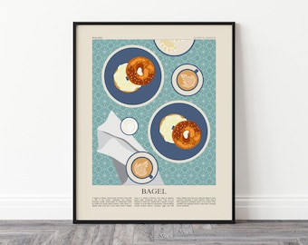 Bagel Art Print, New York-Style Bagel Illustration, Foodie Gift, Breakfast Wall Art, Home Decor, Food Lover Gift, Brunch Kitchen Art Decor