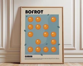 May include: A framed wall art print featuring the text BOFROT and GHANA. The design displays a grid of orange circular shapes on a muted blue background, accented by small dark teal leaf icons. The bottom section includes descriptive text.