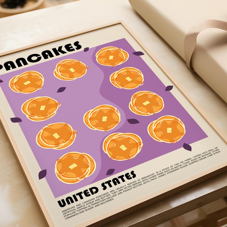 May include: A framed poster featuring the word PANCAKES at the top and UNITED STATES at the bottom. The center displays ten illustrations of golden brown pancakes with butter pats on a purple background, accompanied by descriptive text about pancakes.