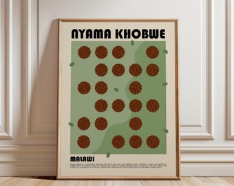 May include: A framed wall art print featuring the text NYAMA KHOBWE and MALAWI in black font. The design displays a grid of brown textured circular shapes on a sage green background with small green leaf illustrations and descriptive text.