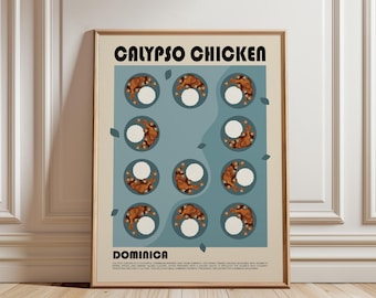 May include: A framed poster titled CALYPSO CHICKEN and DOMINICA, featuring a grid of eleven illustrations of plates with chicken and rice on a blue background, accented by small scattered leaves, all set within a light beige border.