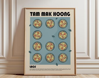 May include: A framed wall art print titled TAM MAK HOONG featuring a grid of eleven circular illustrations of green papaya salad on a blue background. The print includes the text LAOS and a descriptive paragraph about the dish in black font.