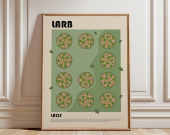 May include: A framed wall art print featuring the text LARB and LAOS with a grid of eleven circular illustrations of the dish. The background is a light beige with a sage green central block containing scattered green leaf icons and descriptive text.