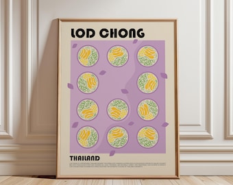 May include: A framed wall art print featuring the text LOD CHONG and THAILAND. The design displays a grid of eleven circular illustrations of green pandan noodles and yellow jackfruit in coconut milk against a light purple background.