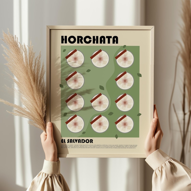 May include: A framed wall art print featuring the text HORCHATA at the top and EL SALVADOR at the bottom. The design displays eleven circular illustrations of creamy drinks topped with cinnamon sticks against a sage green background.