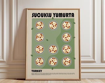 May include: A framed wall art print titled SUCUKLU YUMURTA with the subtitle TURKEY. The poster features a grid of eleven illustrations of fried eggs with sliced sausage in pans on a sage green background, with small green leaf accents.