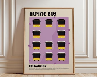 Yellow Mountain Bus Art Print, Swiss Travel Wall Art, Alpine Transportation Poster, European Landscape Decor, Switzerland Art Print