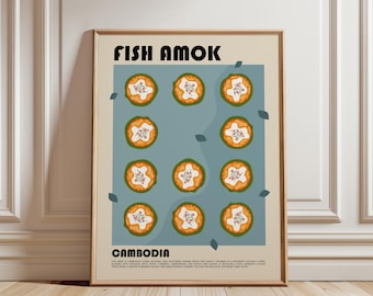 May include: A framed wall art print titled FISH AMOK CAMBODIA featuring a grid of eleven illustrations of orange and white curry dishes on green leaves against a blue background, with descriptive text at the bottom in a light beige frame.