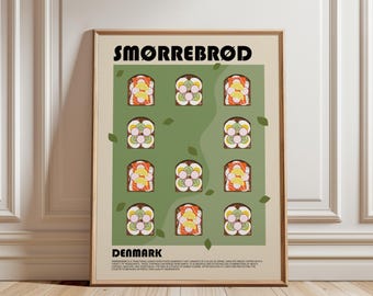 Smorrebrod Poster, Danish Food Print, Sandwich Poster, Denmark Art Print, Modern Kitchen Wall Art, Dining Room Poster, Restaurant Decor