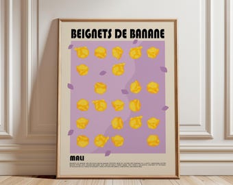 May include: A framed rectangular wall art print featuring the text BEIGNETS DE BANANE at the top and MALI at the bottom. The design displays yellow banana fritter illustrations scattered over a light purple background with small purple leaves.