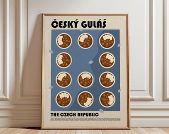 May include: A framed wall art print titled ČESKÝ GULÁŠ and THE CZECH REPUBLIC. The poster features a grid of eleven circular illustrations of brown stew bowls with white toppings on a blue background, set against a light beige border.