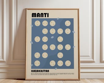 May include: A framed poster featuring the text MANTI and KAZAKHSTAN in black font. The central design displays a blue rectangle filled with a grid of beige circular icons, each containing a stylized infinity symbol, accented by small light blue leaf shapes.