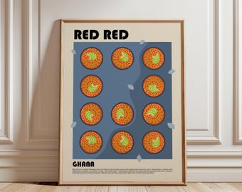 May include: A framed wall art print featuring the text RED RED and GHANA. The design displays eleven circular illustrations of a dish with orange beans and green plantains arranged on a blue background with small light blue leaf accents.