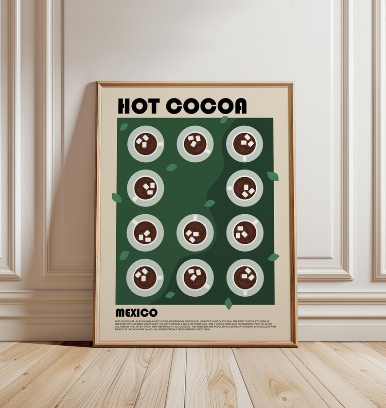 Lámina artística de chocolate caliente, póster de bebida mexicana, póster de México, arte moderno para la pared de la cocina, lámina para restaurante, lámina para cafetería, póster artístico de chocolate caliente imagen 1