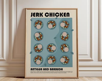 May include: A framed poster with a cream background featuring the text JERK CHICKEN and ANTIGUA AND BARBUDA. The center displays eleven circular illustrations of plates with chicken, rice, and peas on a blue background with small leaf icons.