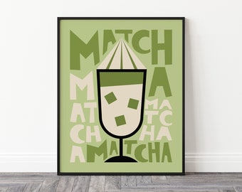 Matcha-affisch, asiatisk dryckeskonsttryck, grönt te-tryck, cafétryck, varm dryckesaffisch, vintage dryckeskonst, japansk konst, modern kökskonst