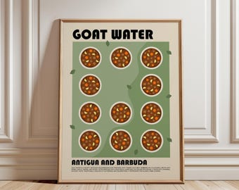 May include: A framed poster featuring the text GOAT WATER and ANTIGUA AND BARBUDA. The design displays eleven circular bowls of brown stew with orange and brown chunks on a sage green background with small scattered leaf illustrations.