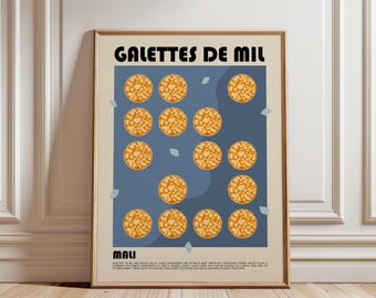 May include: A framed vertical poster with a cream background featuring the text GALETTES DE MIL and MALI in black. The center displays a blue rectangle with thirteen orange circular patterned cakes and small light blue leaf-like shapes.