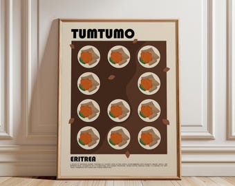 May include: A framed poster titled TUMTUMO ERITREA featuring a grid of eleven illustrations of red lentil stew with flatbread and a green chili on a dark brown background, with descriptive text at the bottom in a light beige frame.