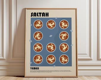 May include: A framed wall art print featuring the text SALTAH and YEMEN. The design displays eleven circular bowls of brown stew with white toppings arranged on a blue background, accented by small light blue leaf shapes on a cream border.