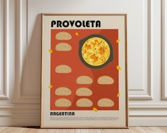 May include: A framed poster featuring the text PROVOLETA and ARGENTINA. The graphic displays a dark skillet containing melted yellow cheese alongside ten slices of bread on a rust-colored background. Small yellow leaf-like shapes are scattered.