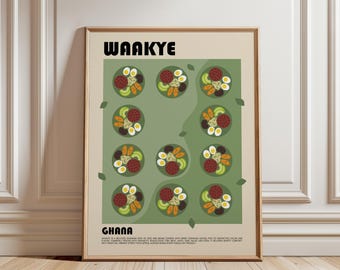 May include: A framed poster with a beige background featuring the text WAAKYE and GHANA in black. The center displays eleven circular illustrations of a Ghanaian rice and beans dish with eggs, plantains, and meat on a sage green background.
